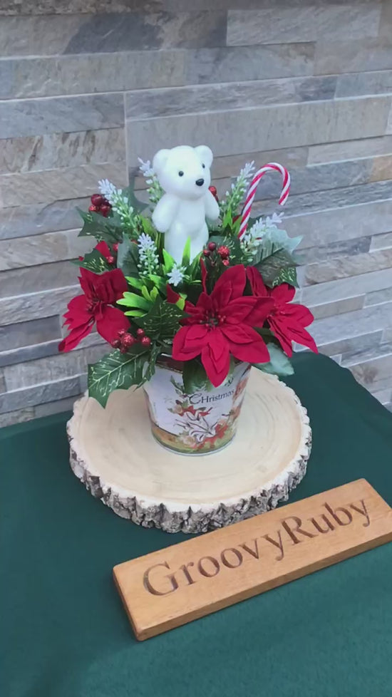 Load and play video in Gallery viewer, Christmas Bucket With Bear &amp;amp; Poinsettia
